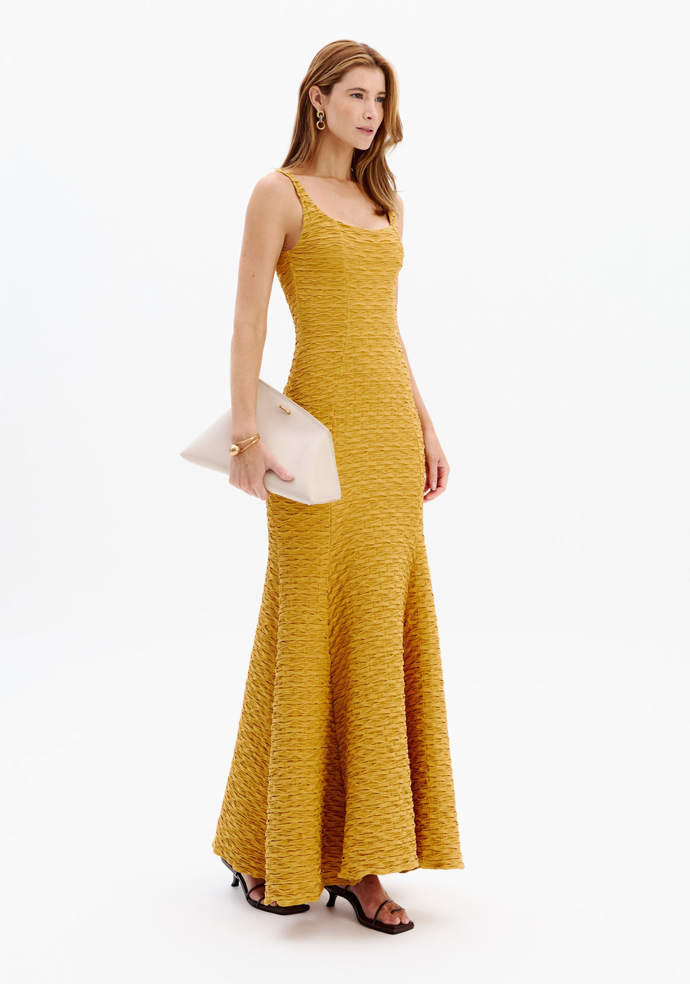 Vestido Longo De Alça Texturizado - Amarelo