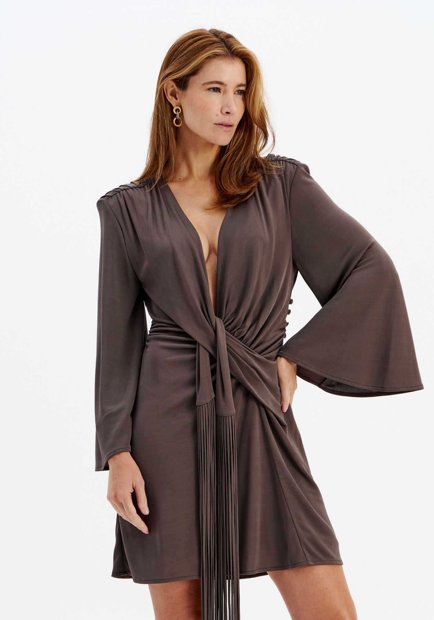 Vestido Curto Manga Longa Detalhe Amarração - Marrom