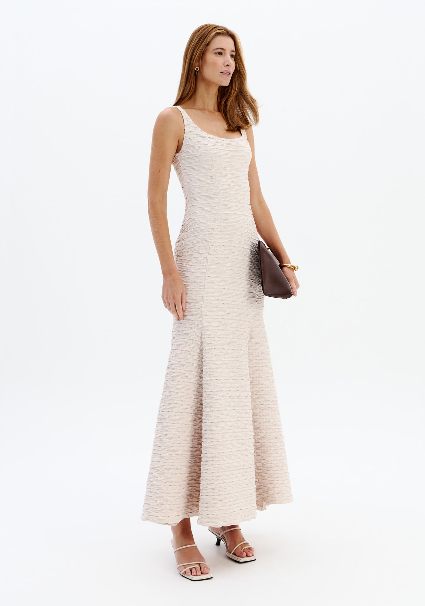 Vestido Longo De Alça Texturizado - Bege
