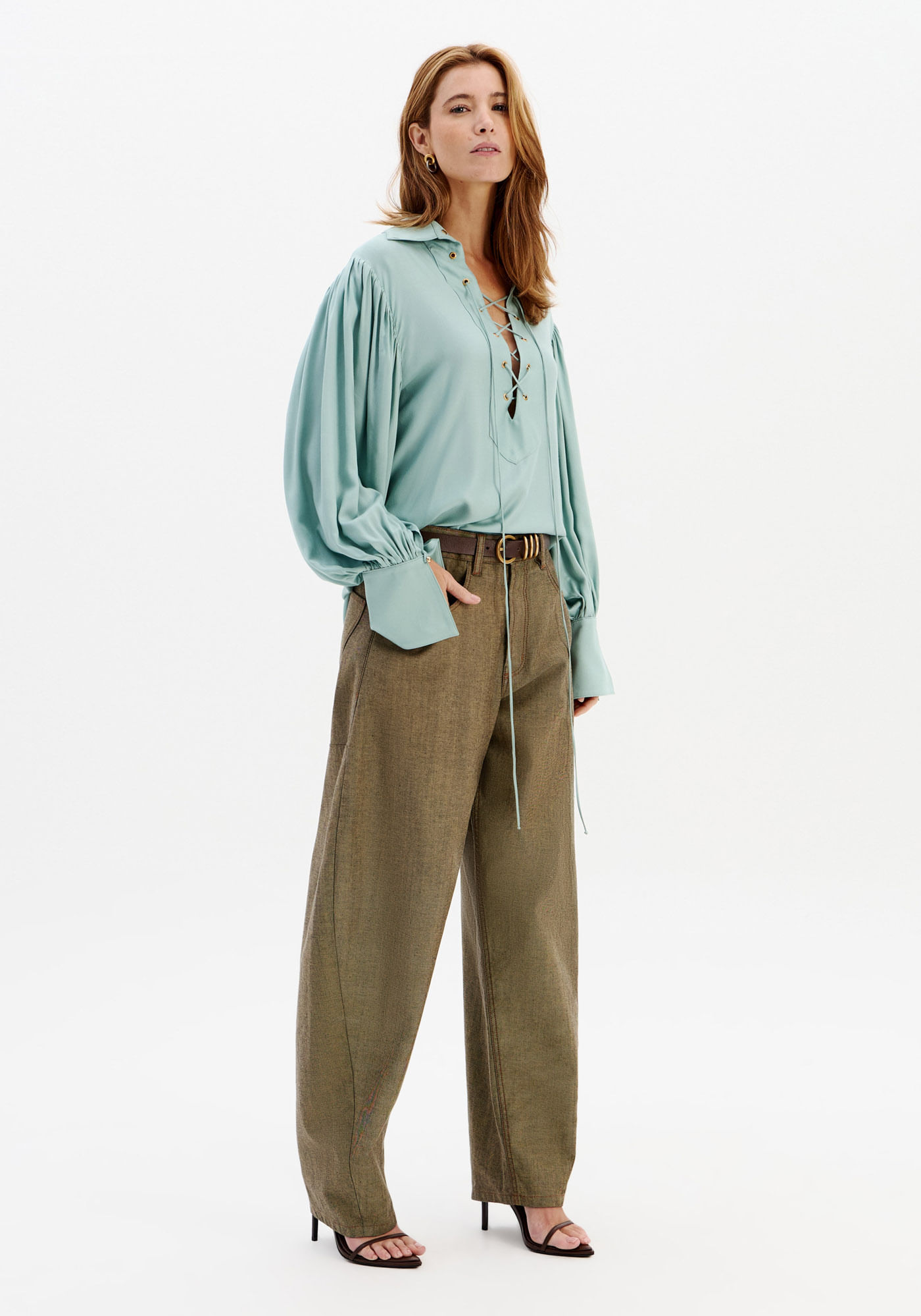 Calça Jeans Barrel Cintura Média - Azul