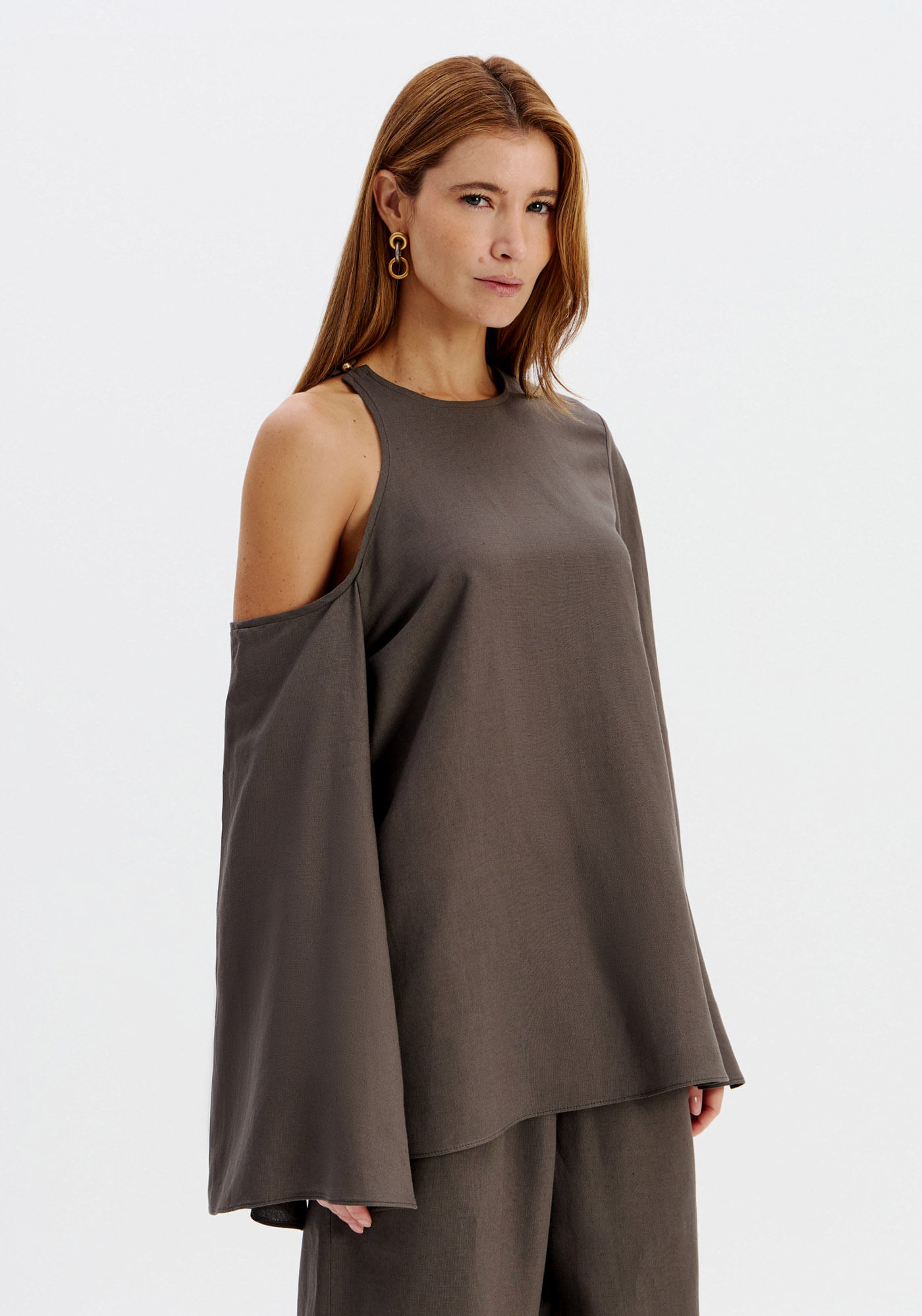 Blusa Alongada Com Linho E Manga Ampla