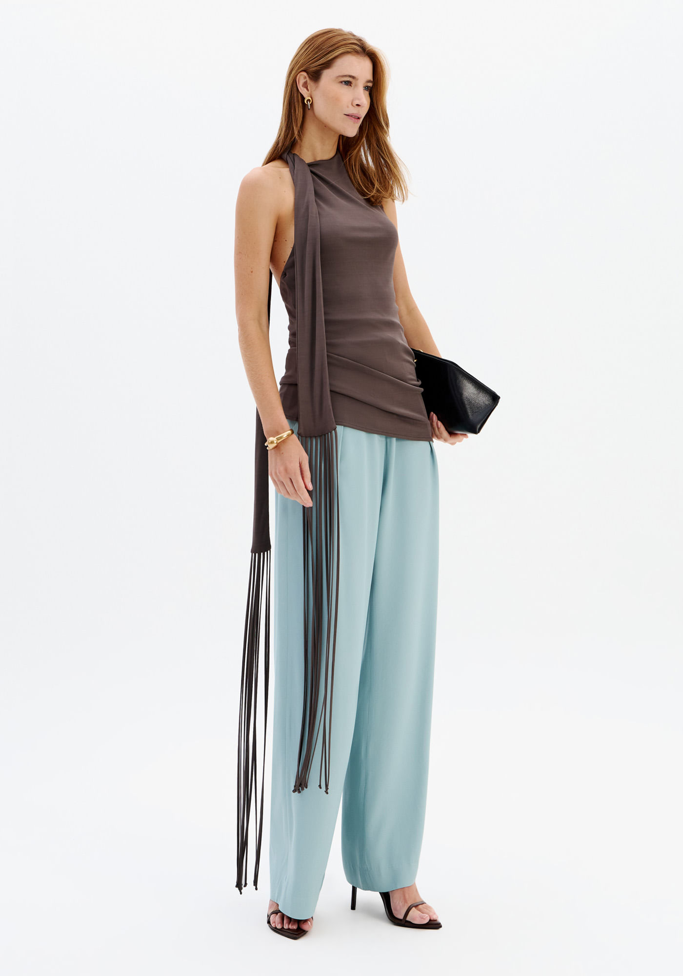 Blusa Frente Única Alongada Com Faixa - Marrom