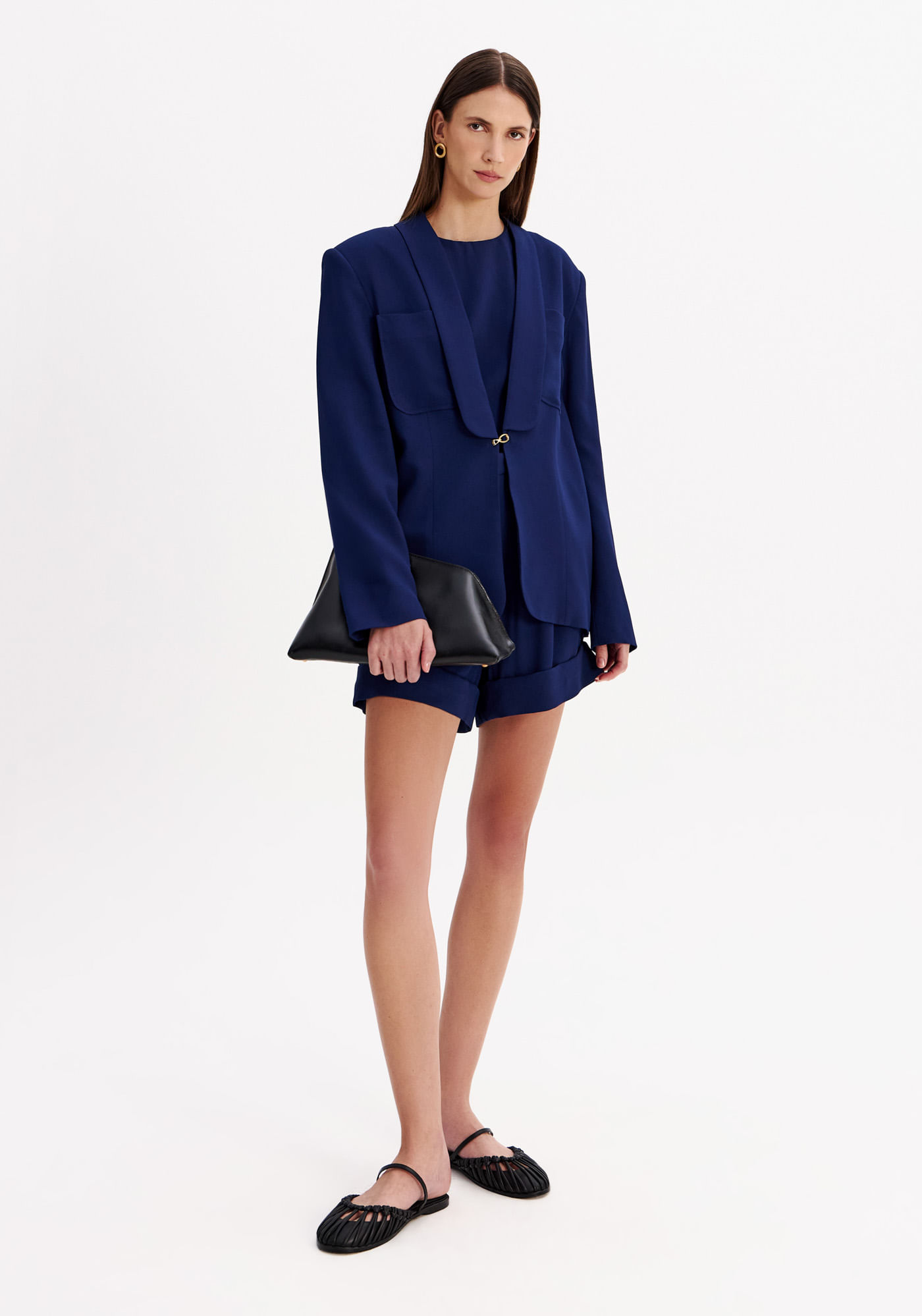 Blazer Regular Alongado Com Faixa - Azul