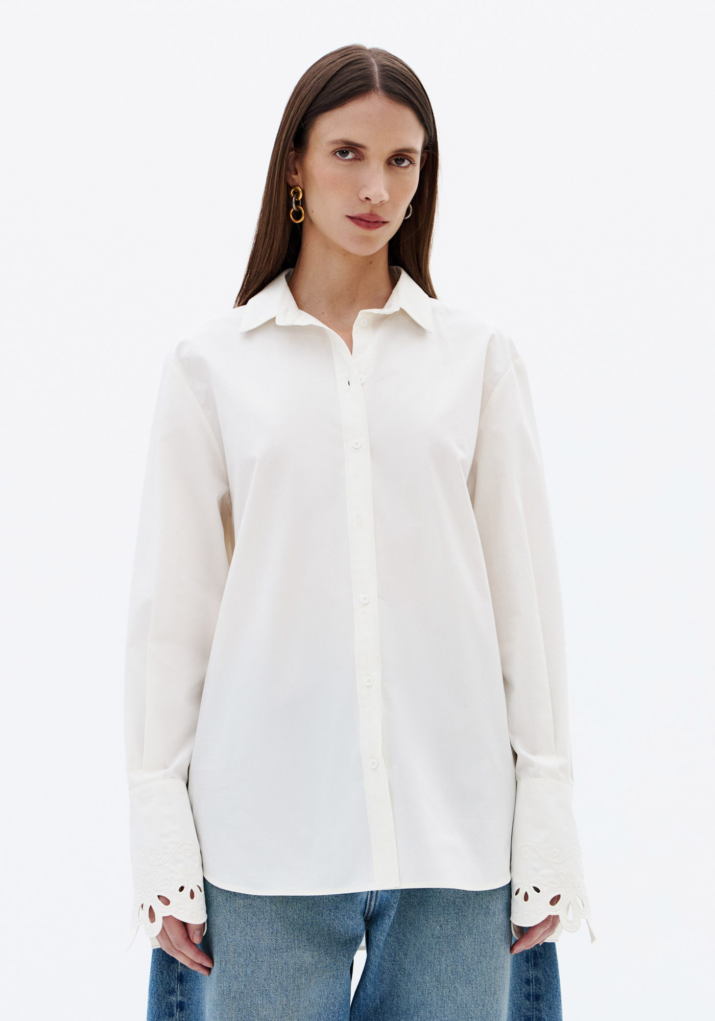 Camisa Alongada Punho Com Bordado Em Tricoline - Branco