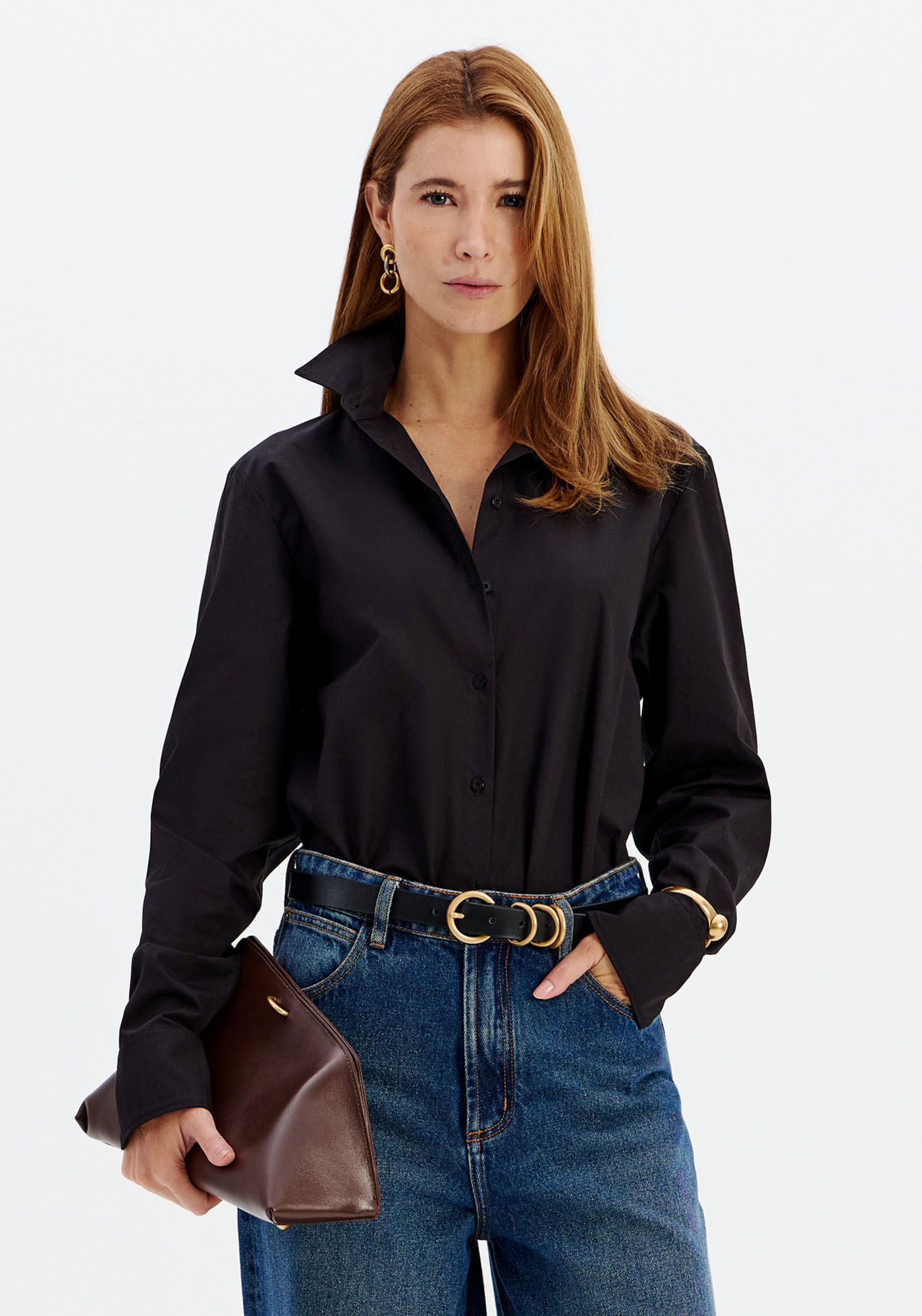 Camisa Clássica Alongada De Algodão Tricoline - Preto