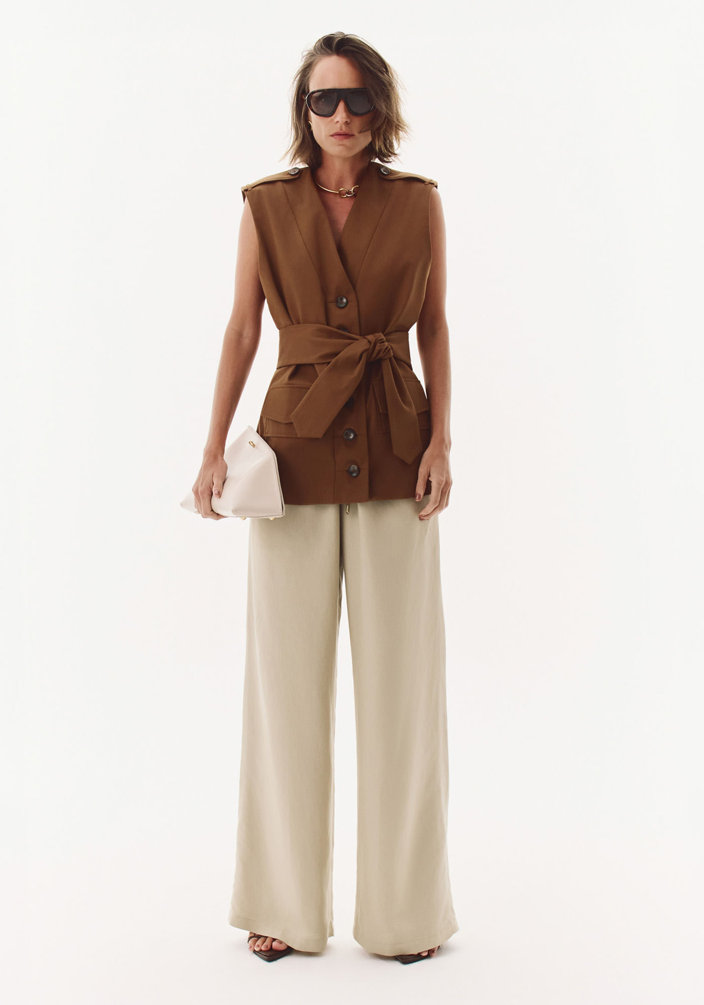 Calça Pantalona Com Linho Cintura Média