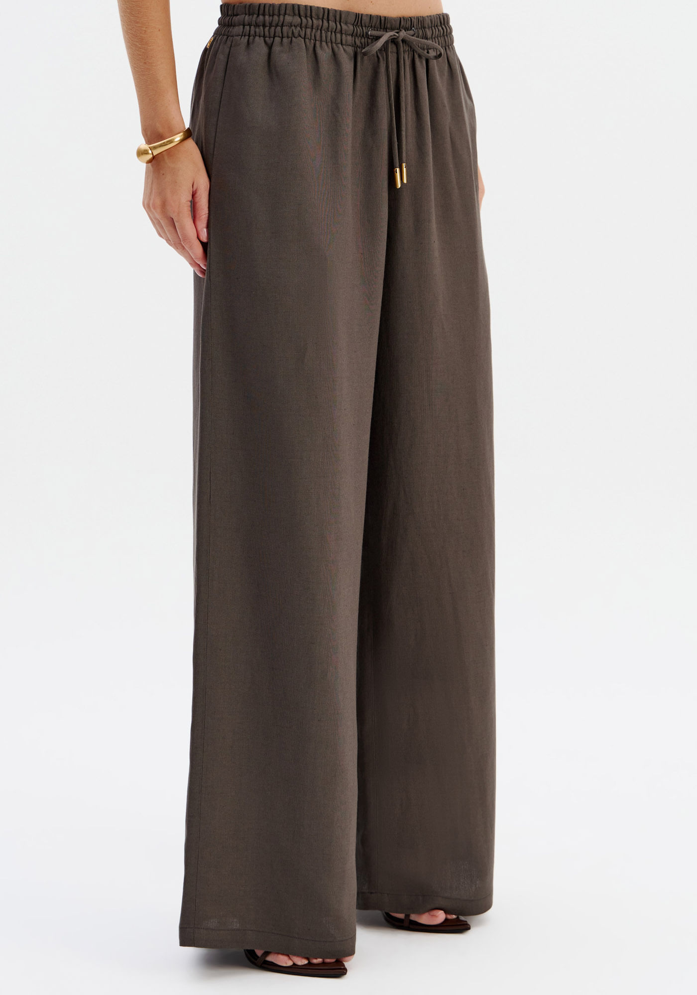 Calça Pantalona Com Linho Cintura Média