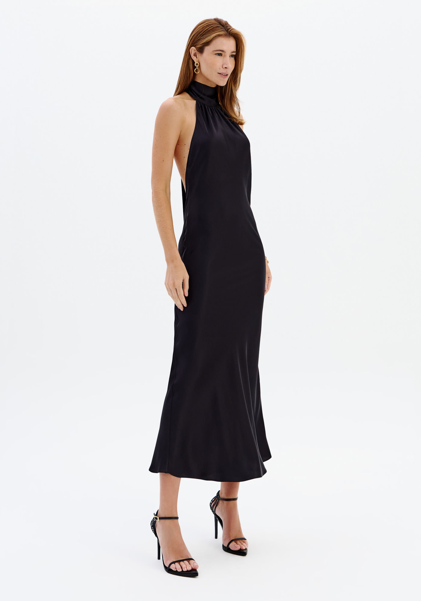 Vestido Longo Frente Única Com Faixa - Preto