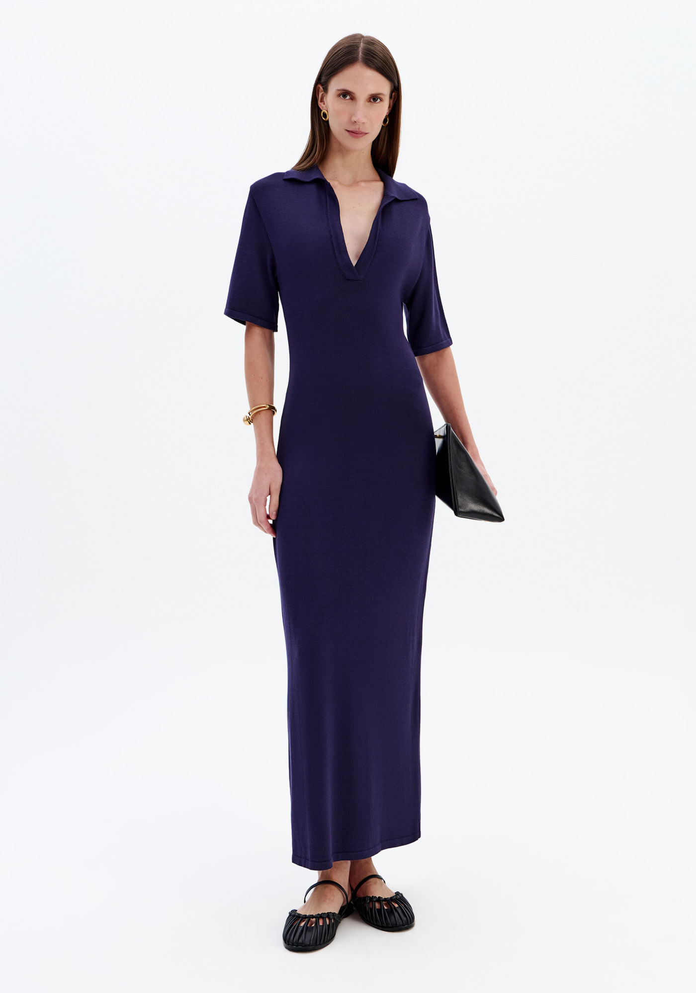 Vestido Tricô Super Midi Gola Polo - Azul