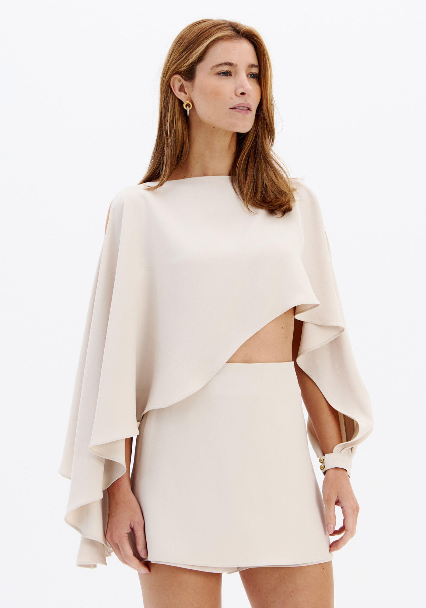 Blusa Assimétrica Fluída De Crepe - Bege