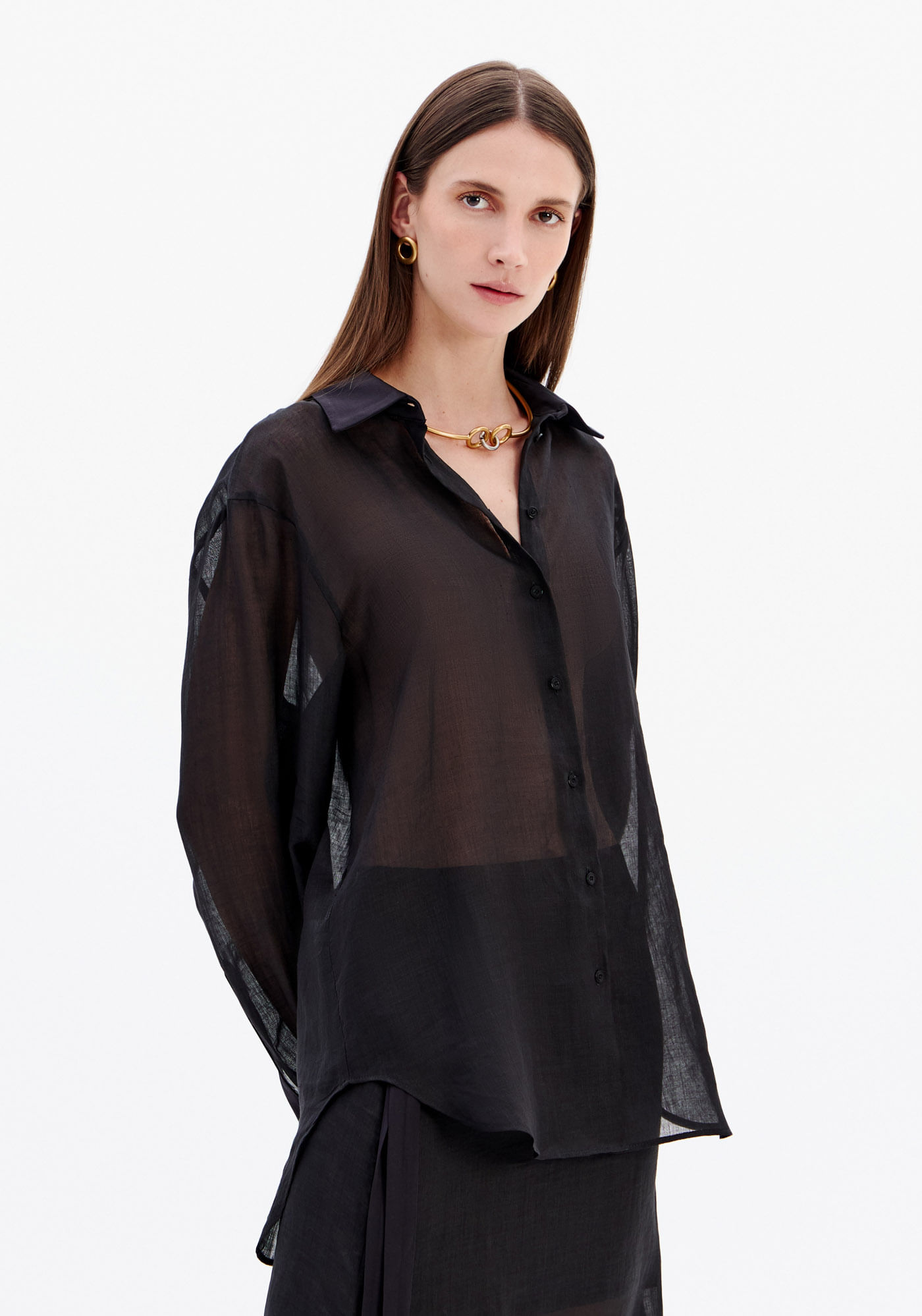 Camisa Oversized Alongada Toque Fresco - Preto