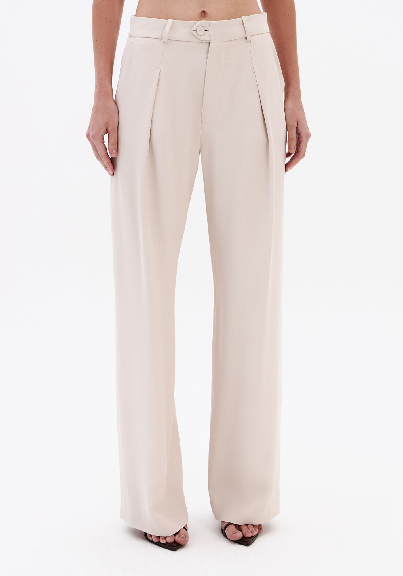 Calça Full Length Cintura Média De Crepe - Bege