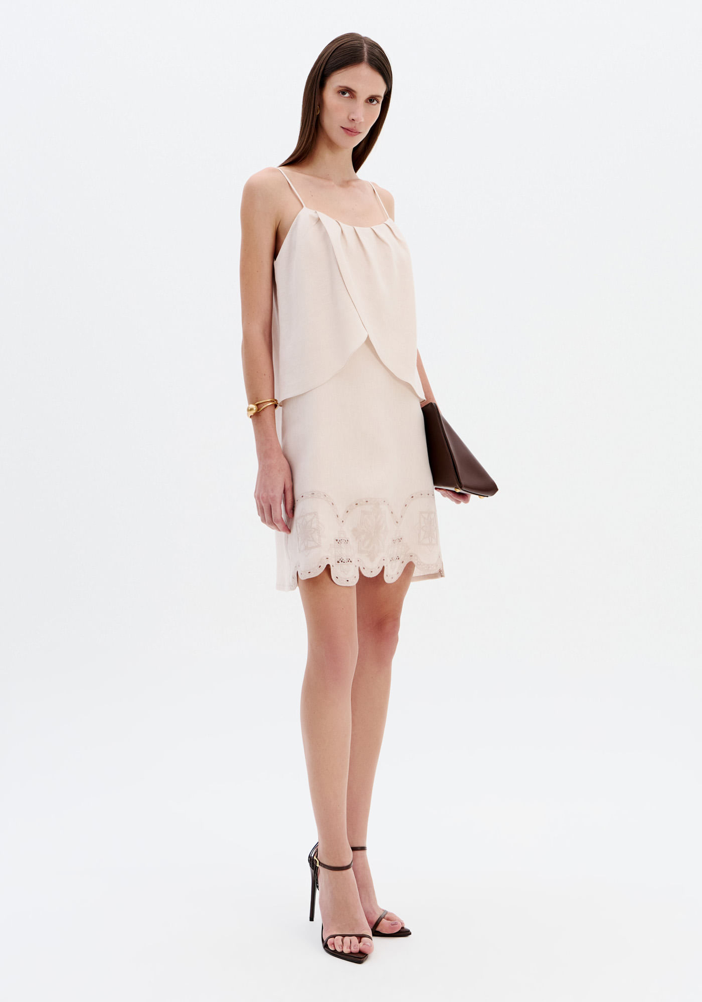 Vestido Curto De Alça De Linho - Bege