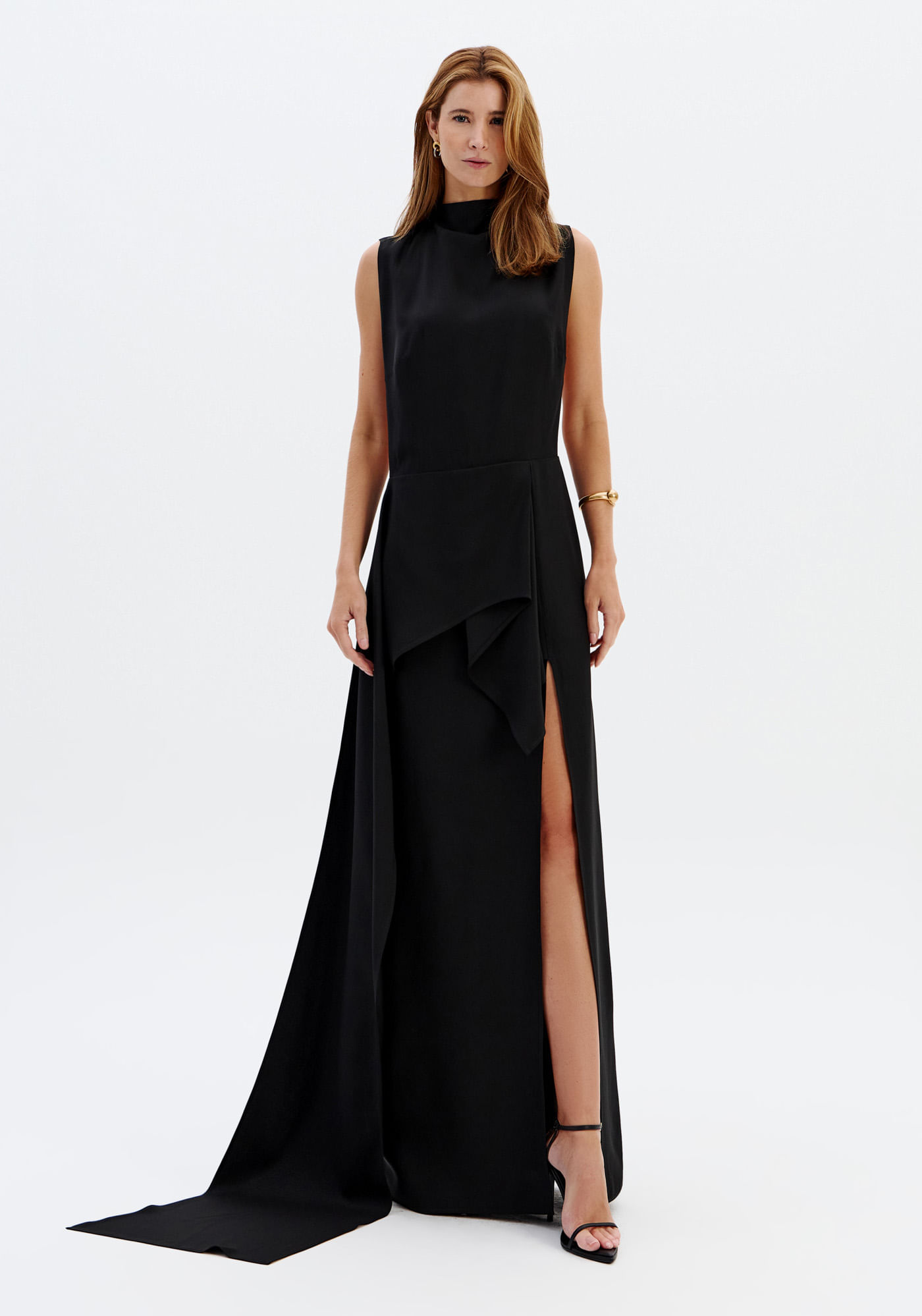 Vestido Longo Gola Alta De Crepe