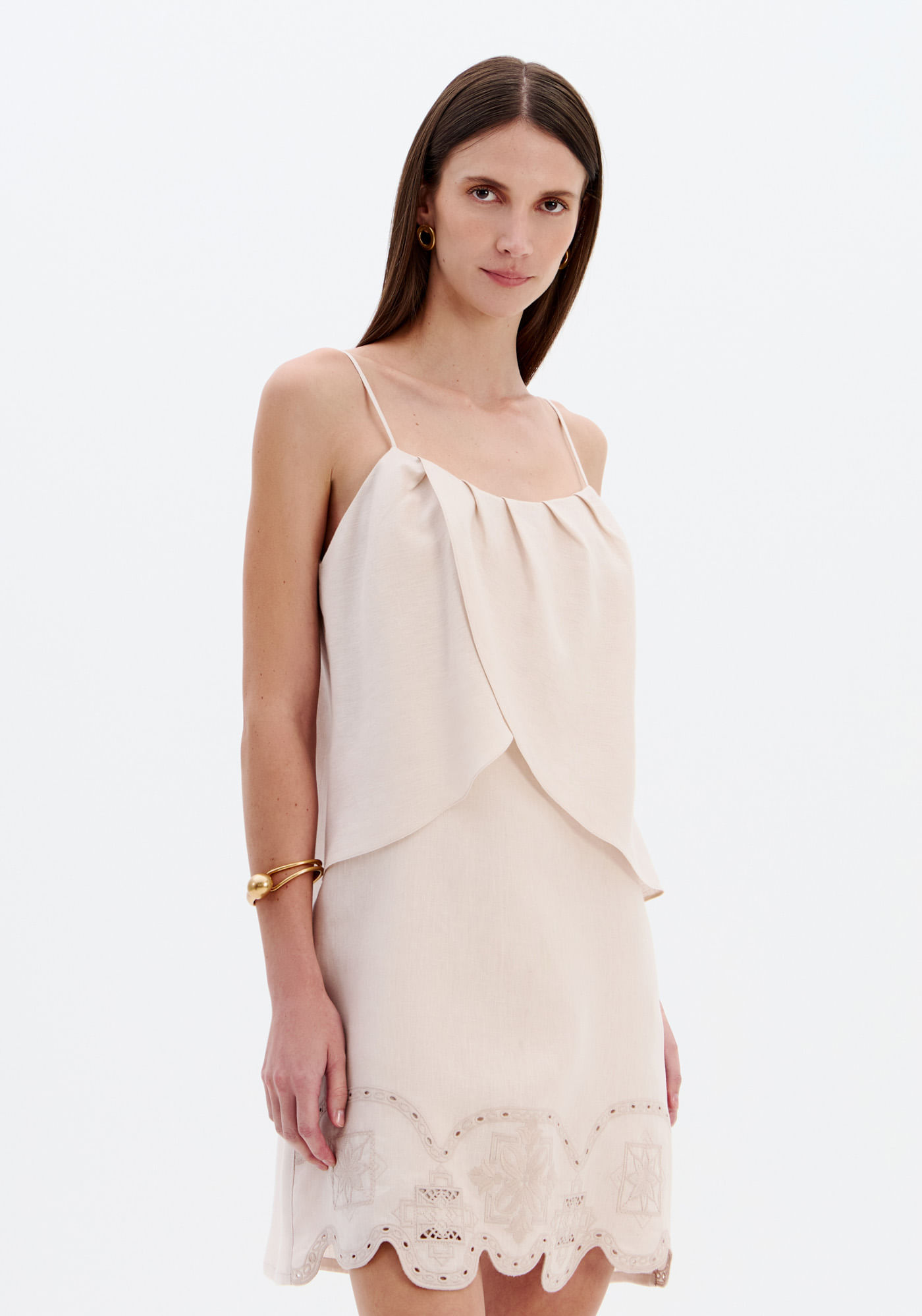 Vestido Curto De Alça De Linho - Bege