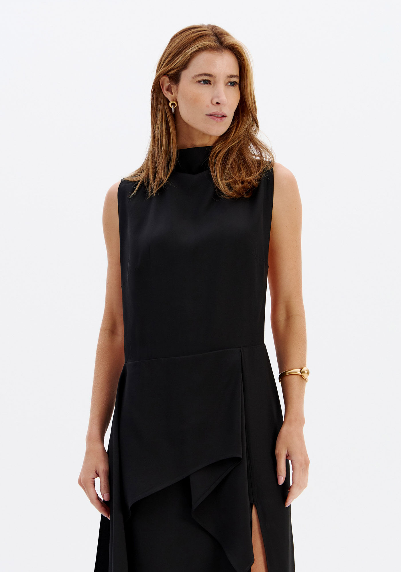Vestido Longo Gola Alta De Crepe