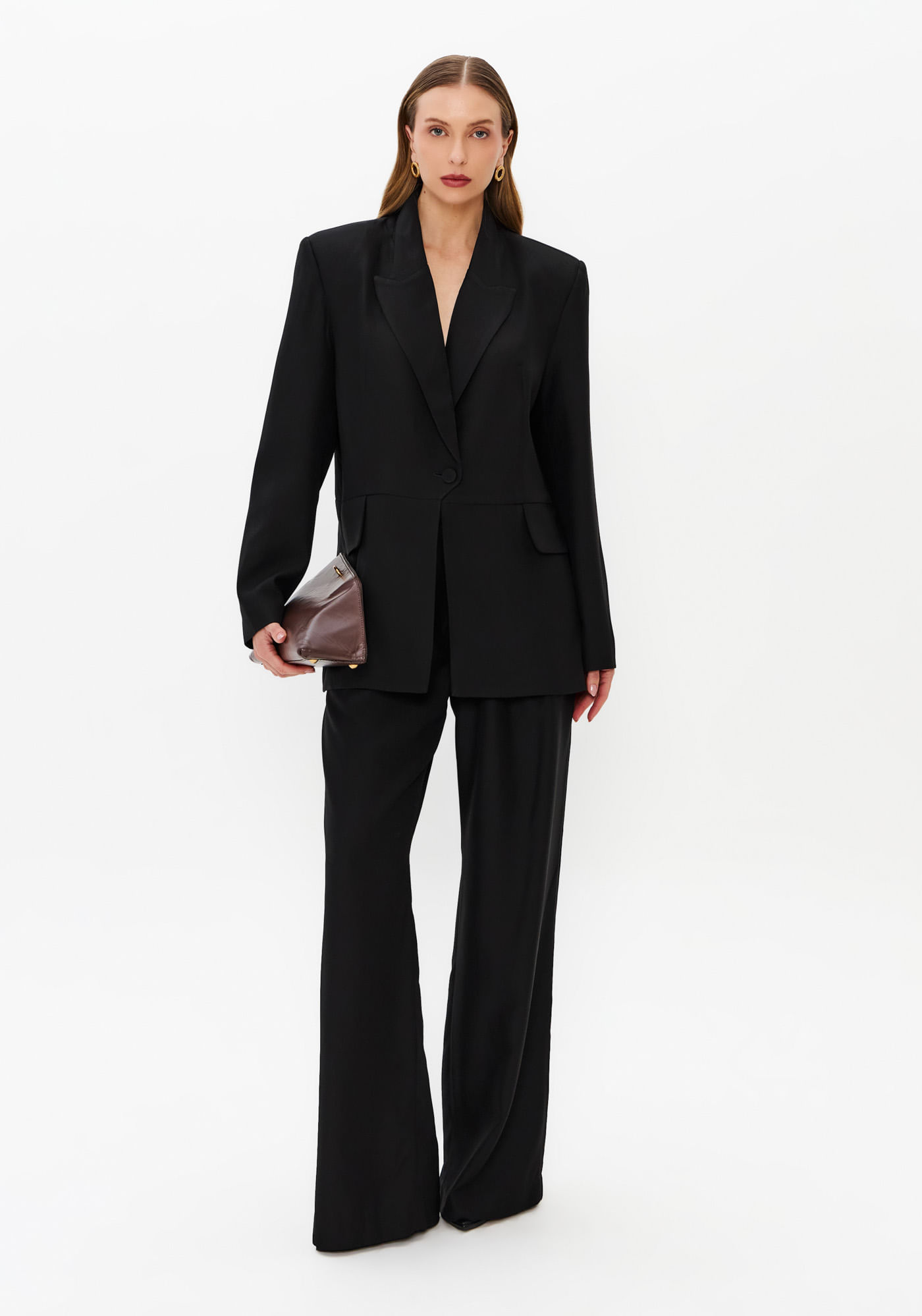 Calça Full Length Cintura Média De Crepe - Preto